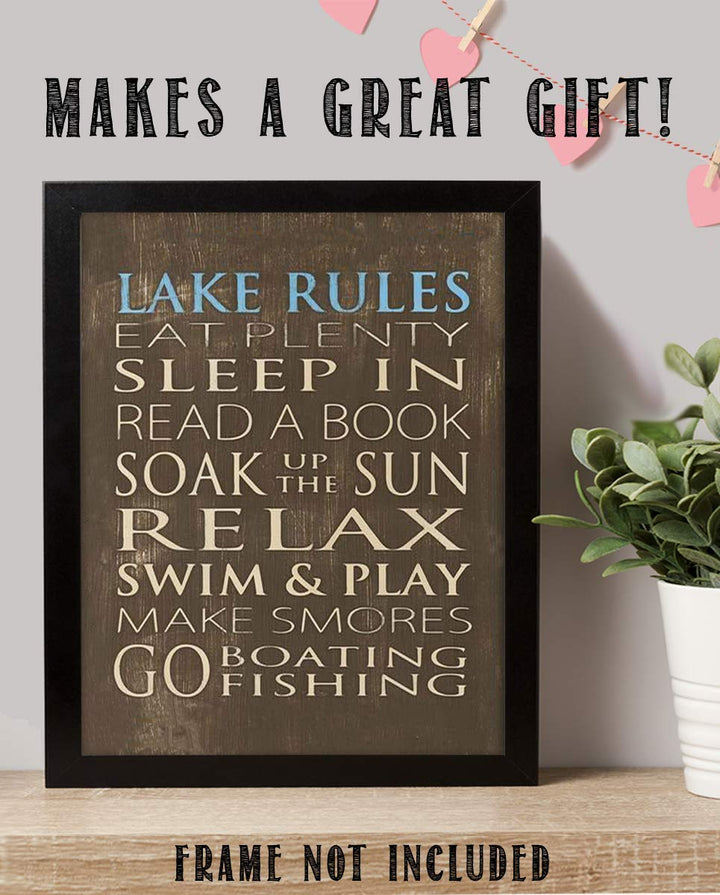 Lake Rules- Rustic Wall Art- 8 x 10" Print- Wall Decor- Ready to Frame. Replica Distressed Wood Sign Print-Wall Decor for Lake House or Cabin. Great Reminders to Relax, Enjoy Life and Make Memories!