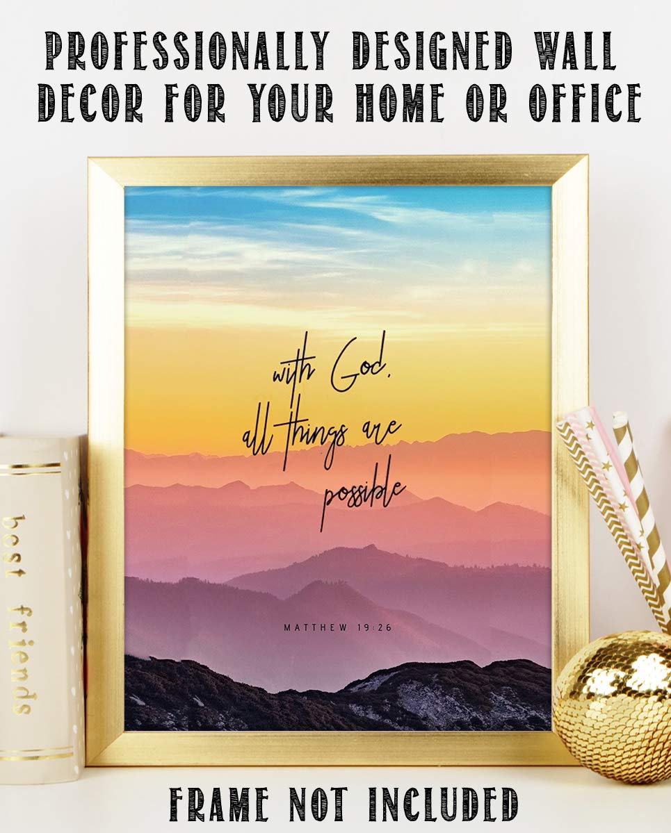 With God, All Things Are Possible- Matthew 19:26. Bible Verse Wall Art- 8x10" Colorful Mountain Range Image-Ready to Frame. Scripture Wall Decor for Home-Office. Great Gift-Inspirational Art Verse.