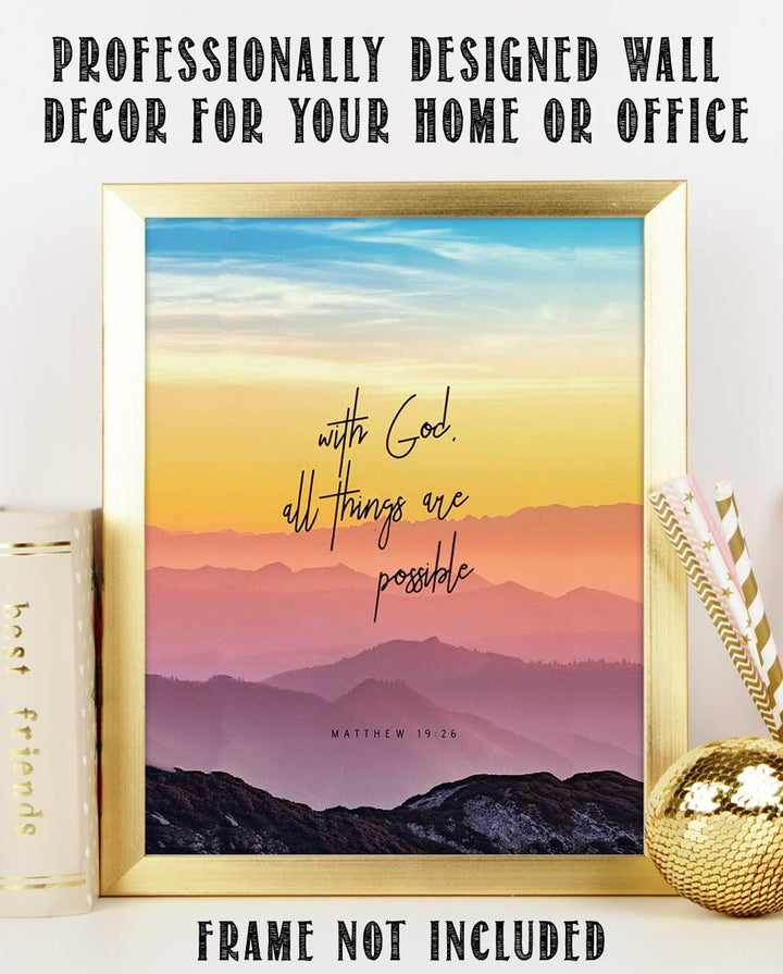 With God, All Things Are Possible- Matthew 19:26. Bible Verse Wall Art- 8x10" Colorful Mountain Range Image-Ready to Frame. Scripture Wall Decor for Home-Office. Great Gift-Inspirational Art Verse.