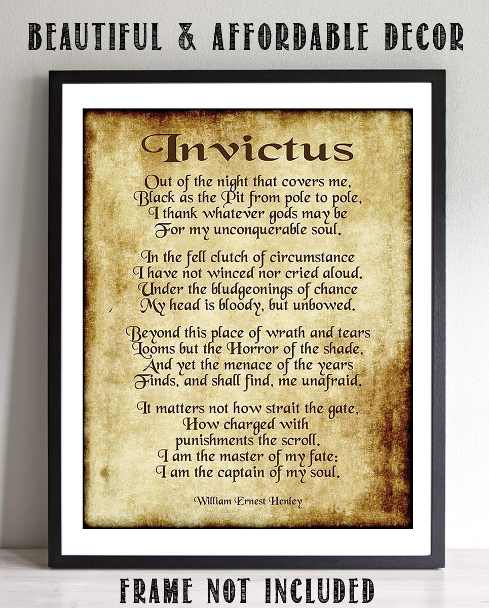 Invictus by William Henley-Poetry Wall Art- 8 x 10" Wall Print Decor. Scripted Font Poem on Replica Distressed Parchment Print-Ready To Frame. Home-Bedroom-Office Decor. Great Gift for Poetry Fans!