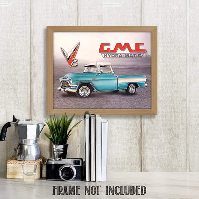 GMC Hydramatic Truck Sign Print- 8 x10" Wall Decor Image- Ready To Frame. Retro Sign Replica. Gifts for Men-Home Decor-Office Decor. Perfect for Man Cave-Game Room-Garage.