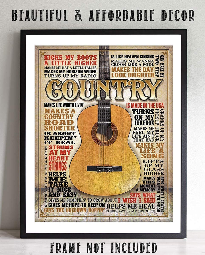Country Music- Guitar Quotes Wall Art- 8 x 10 Funny Wall Print- Ready To Frame- Typography Print of Fun Country Music Sayings. Home Decor- Bar- Man Cave Decor. Perfect for All Country Music Fans.