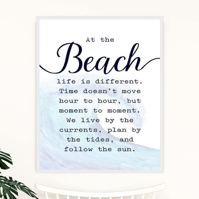 At the Beach-Life Is Different Inspirational Beach Wall Sign -11 x 14" Ocean Wave Wall Art Print-Ready to Frame. Rustic Coastal Decor for Home-Beach House-Nautical Themes! Great Reminder to Relax!