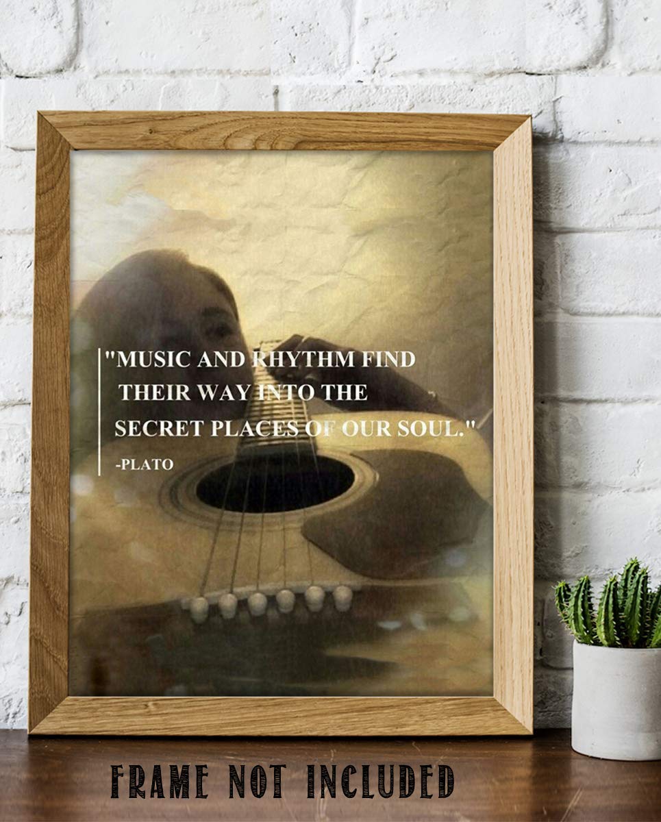 Plato Music Quotes Wall Art- 8 x 10" Wall Print-"Music &amp; Rhythm Find Their Way Into Our Secret Soul" Guitar Art-Ready to Frame. Home, Class &amp; Office D?cor. Perfect Gift for Inspiration &amp; Philosophy.