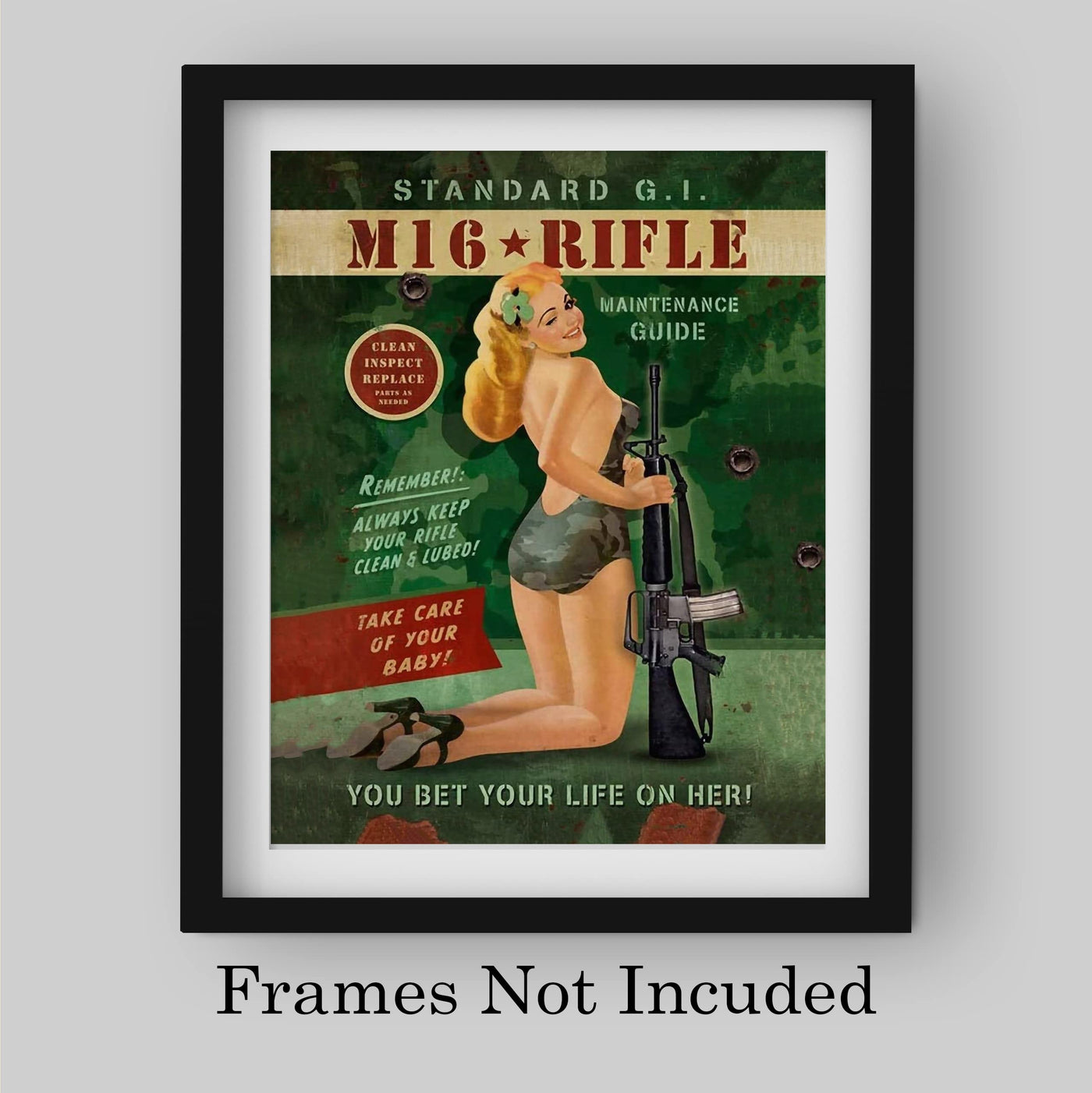 Standard GI M-16 Maintenance Guide- Vintage Art Print- 8 x10" Military Pinup Girl Wall Decor- Ready To Frame. Great Mens Gift- Retro Home Decor- Office Decor. Great for Man Cave- Bar- Garage- Shop.