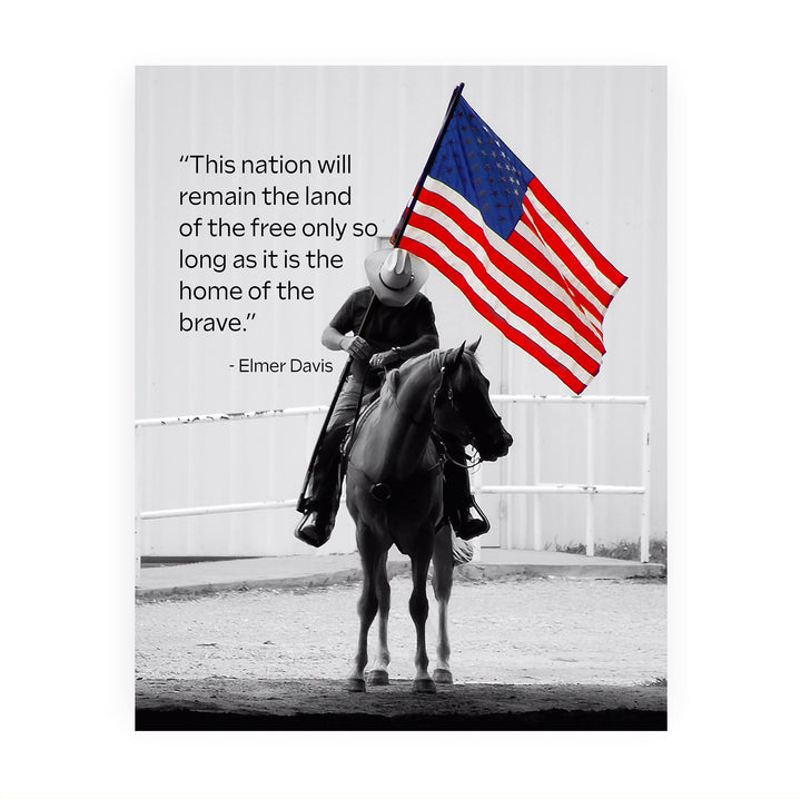 This Nation Will Remain Land of the Free- American Flag Wall Art -8x10" Patriotic Cowboy Riding Horse Picture Print -Ready to Frame. Home-Office-Bar-Cave-Western Decor! Great Gift for USA Pride!