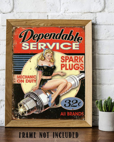 Dependable Service-Spark Plugs-32?- Vintage Garage Sign Print-8 x10" Retro Wall Decor-Ready To Frame. Distressed Sign Replica Print. Great Mens Gift Home-Office Decor. Great for Man Cave-Shop.