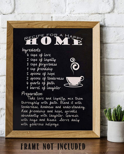 Recipe For Happy Home- Family Wall Art Sign- 8 x 10"- Replica Sign Print- Ready to Frame. Fun Home-Kitchen-Family Room Decor. Mix All the Ingredients-Love-Faith-Laughter. Perfect Housewarming Gift.