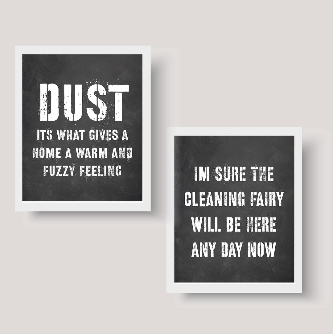 Cleaning Fairy -Set of (2)-8x10" Funny Wall Art Prints-"Dust-Gives Home Warm Fuzzy Feeling" Humorous House Cleaning Prints-Ready to Frame. Home-Office-Guest-Cabin Decor. Fun Housewarming Gift!