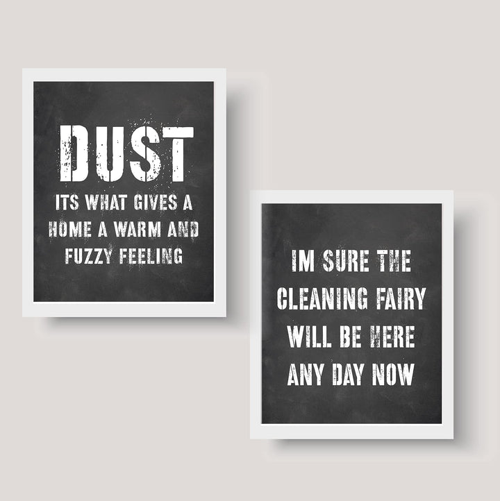 Cleaning Fairy -Set of (2)-8x10" Funny Wall Art Prints-"Dust-Gives Home Warm Fuzzy Feeling" Humorous House Cleaning Prints-Ready to Frame. Home-Office-Guest-Cabin Decor. Fun Housewarming Gift!