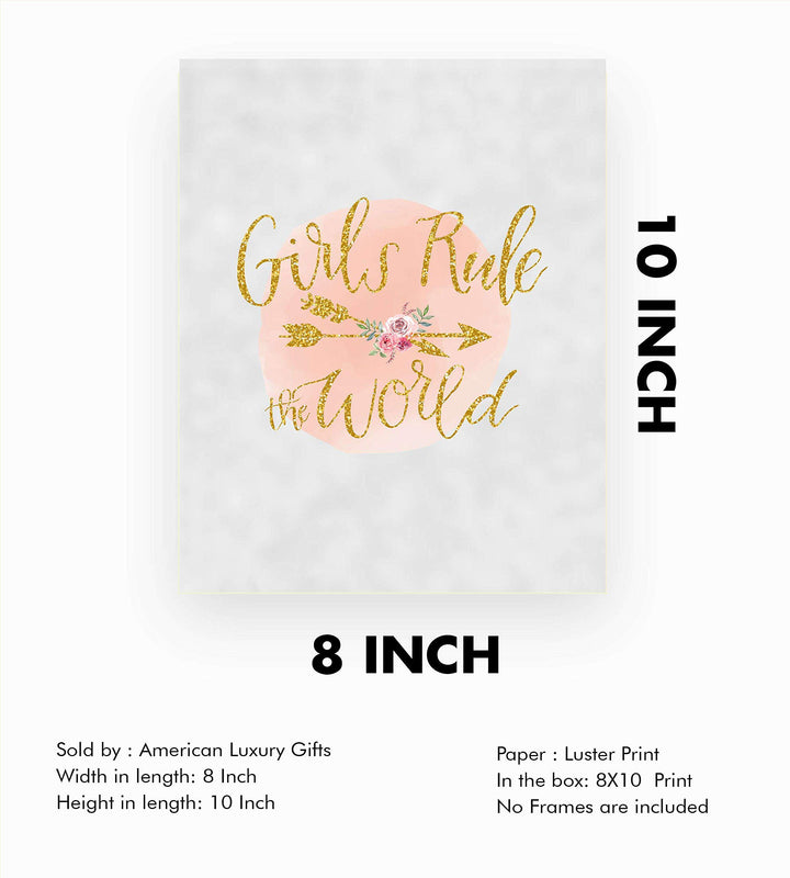 Girls Rule The World- 8 x 10"- Inspirational Wall Art- Ready to Frame. Gold Glitter-Floral Design Print- Home-Bedroom-Office D?cor. Perfect Fun Gift To Encourage Girls, Young Ladies &amp; Teens.