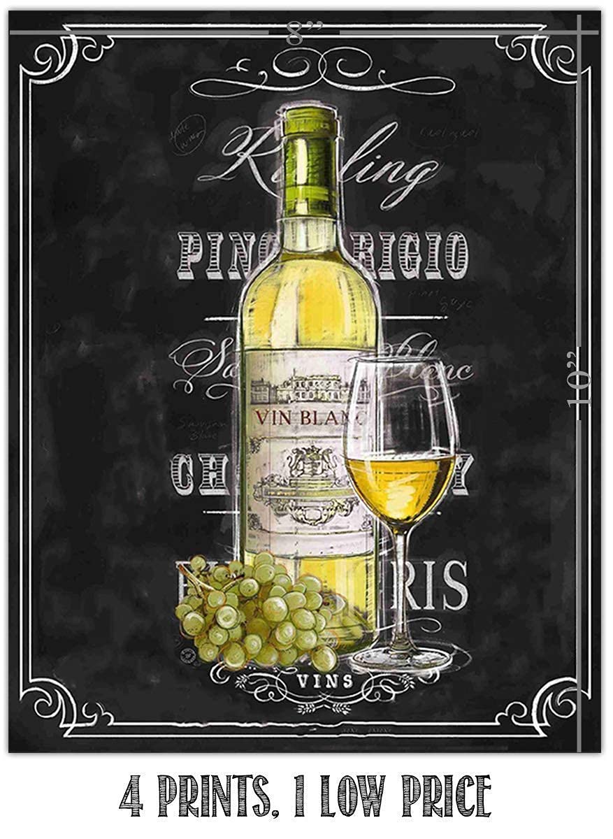 Wine &amp; Cheese Varieties Chalkboard Replica Prints Set (4)- 8 x 10"s Wall Art Prints-Ready to Frame. Home D?cor, Wine Decor &amp; Dining Wall Decor. Perfect For Wine Lovers &amp; Upscale Bars. Classy Addition!