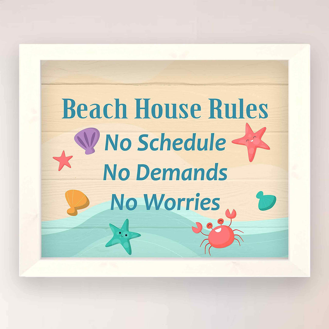 Beach House Rules-No Schedules, Demands, Worries Fun, Rustic Vacation Sign -10 x 8" Typographic Wall Print w/Replica Wood Design-Ready to Frame. Home-Cabin-Beach-Nautical Decor. Printed on Paper.
