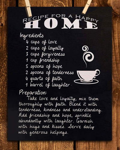 Recipe For Happy Home- Family Wall Art Sign- 8 x 10"- Replica Sign Print- Ready to Frame. Fun Home-Kitchen-Family Room Decor. Mix All the Ingredients-Love-Faith-Laughter. Perfect Housewarming Gift.