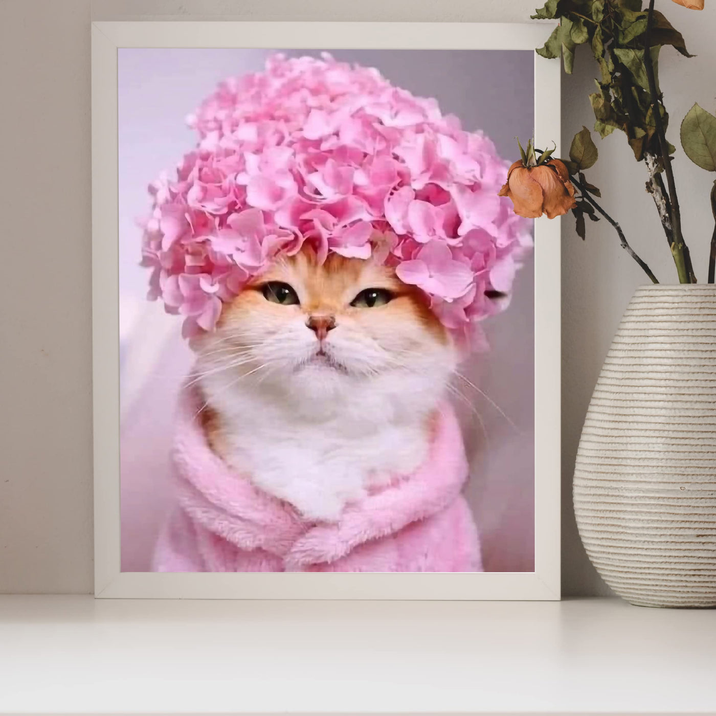 Cute Kitty Flower Hat 8 x 10"s Print Wall Art- Ready to Frame- Home Decor, Bedroom & Modern Wall Prints for Animal & Feline Theme Wall Decor. Fun Print. Great Gift For Cat Lovers.