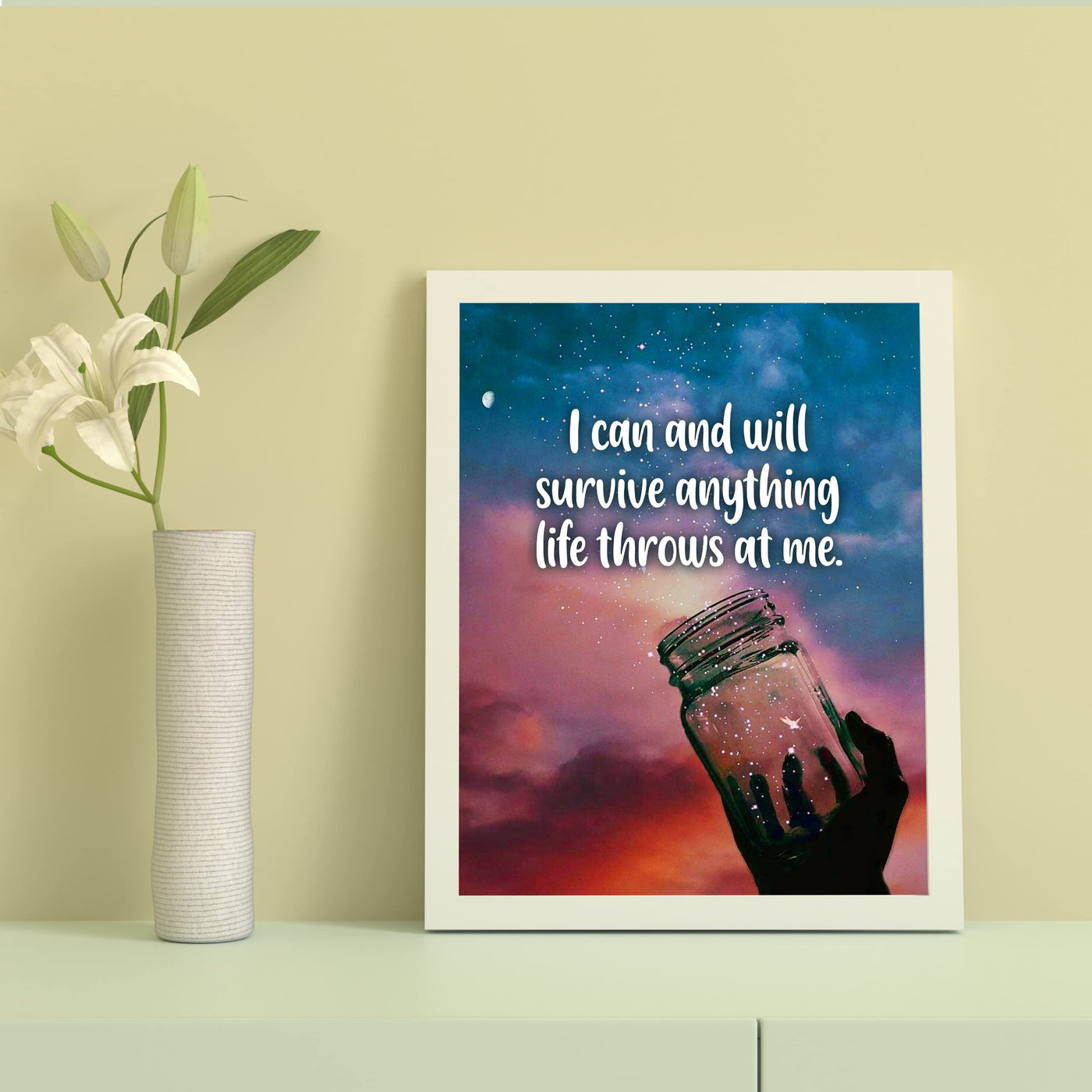 I Will Survive Anything Life Throws At Me-Motivational Quotes Wall Art -8 x 10" Starry Night in Jar Picture Print -Ready to Frame. Inspirational Decor for Home-Office-Classroom. Inspiring Reminder!