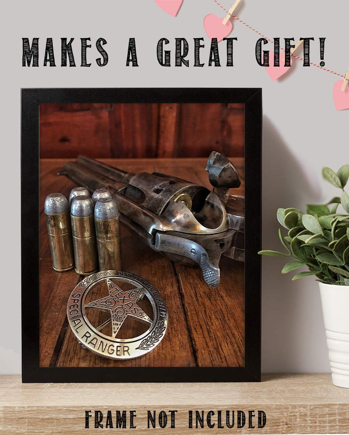 Texas Ranger Badge, Bullets &amp; Revolver- Western Photo Print- 8 x 10" Wall Art-Ready to Frame. Retro Western Decor for Home-Office-Garage-Man Cave-Bar. Perfect Collectible for Lawmen &amp; Outlaws.