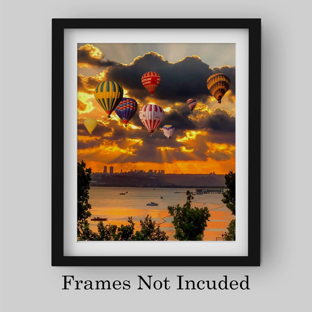 Hot Air Balloons Over the Ocean- 8 x 10" Picture Print Wall Art -Ready to Frame. Cloudy Sunrise with Balloons Over the Sea. Perfect Decor for Home-Office-Classroom. Great Gift for Flight Enthusiasts!