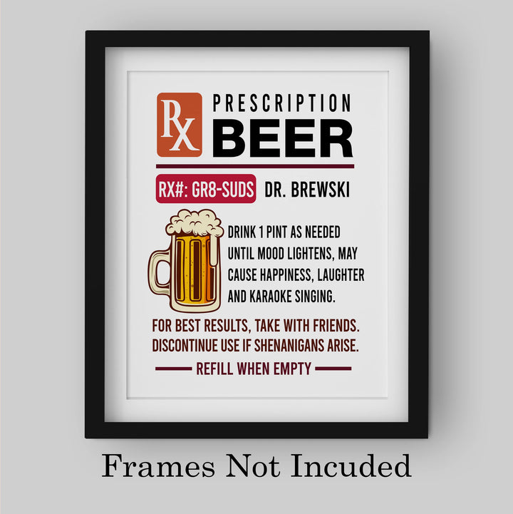 Prescription Beer -Dr. Brewski Funny Beer &amp; Alcohol Wall Sign -8 x 10" Rustic Bar Wall Art Print -Ready to Frame. Retro Home-Patio-Garage-Shop-Pub Decor. Fun Man Cave Decoration for Drinkers!