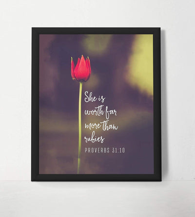 She Is Worth More Than Rubies- Proverbs 31:10 Bible Verse Wall Art- 8x10-Scripture Wall Print-Ready to Frame. Inspirational Home-Office-Church Decor. Perfect Christian Gift For That Special Woman.