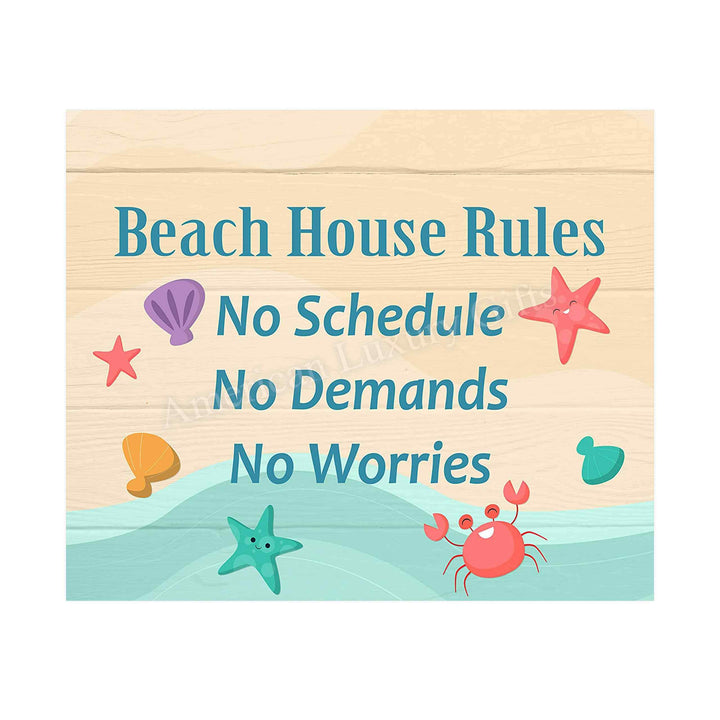 Beach House Rules-No Schedules, Demands, Worries Fun, Rustic Vacation Sign -10 x 8" Typographic Wall Print w/Replica Wood Design-Ready to Frame. Home-Cabin-Beach-Nautical Decor. Printed on Paper.