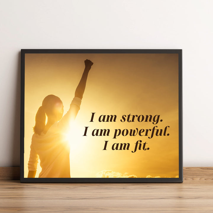 I Am Strong, Powerful, &amp; Fit Motivational Quotes Wall Art -10x8" Exercise &amp; Fitness Sunset Print -Ready to Frame. Inspirational Decor for Home-Office-School-Gym-Studio. Great Gift for Motivation!