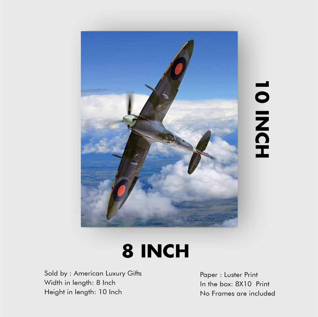 Supermarine Spitfire MK IX -British Fighter Jet Poster Print -8x10" Military Aircraft Wall Decor Image-Ready to Frame. Home-Office-Military School Decor. Perfect Sign for Game Room-Garage-Cave Decor!