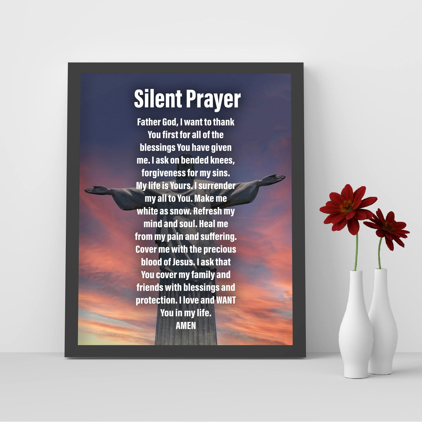 Silent Prayer- Inspirational Christian Wall Art -8 x 10" Motivational Christ the Redeemer Statue Picture Print -Ready to Frame. Home- Church- Office Decor & Religious Gifts. Great Prayer of Faith!