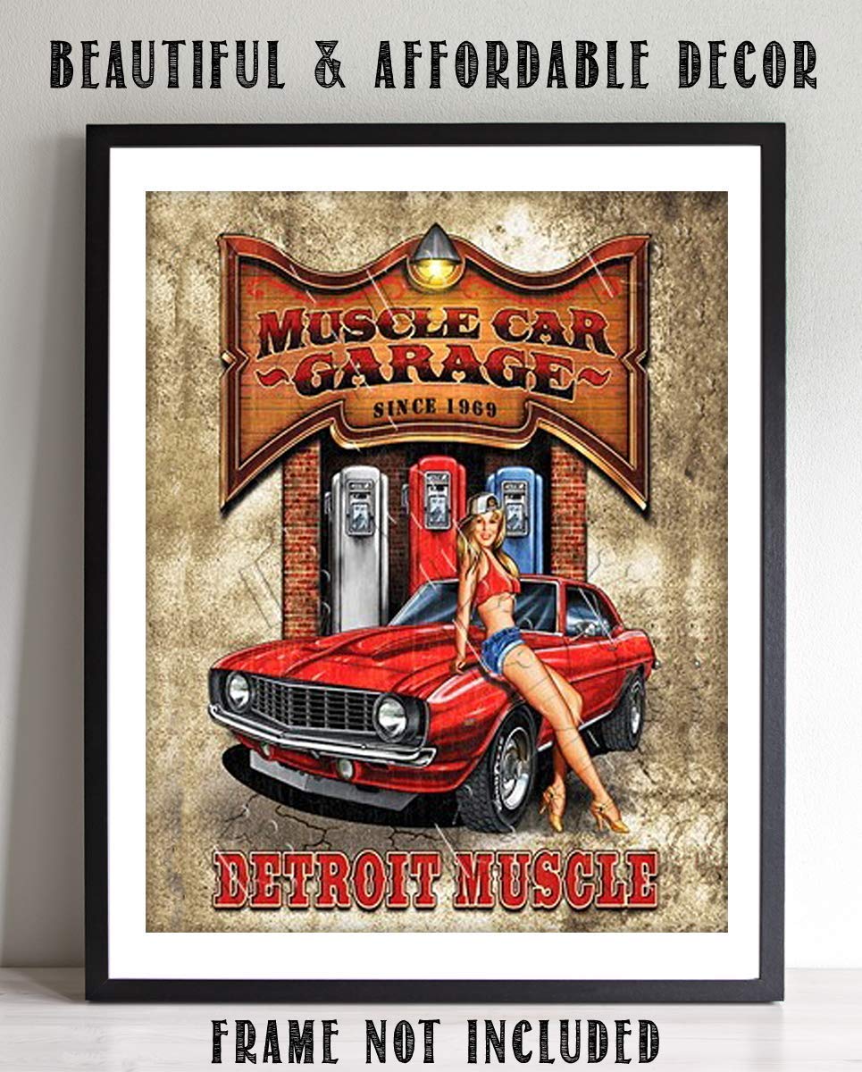 Muscle Car Garage- Detroit Muscle Funny Vintage Garage Sign Print- 8x10 Retro Wall Decor- Ready To Frame. Rustic Sign Replica Print. Great Mens Gift-Office Decor. Great for Man Cave-Garage-Mechanics