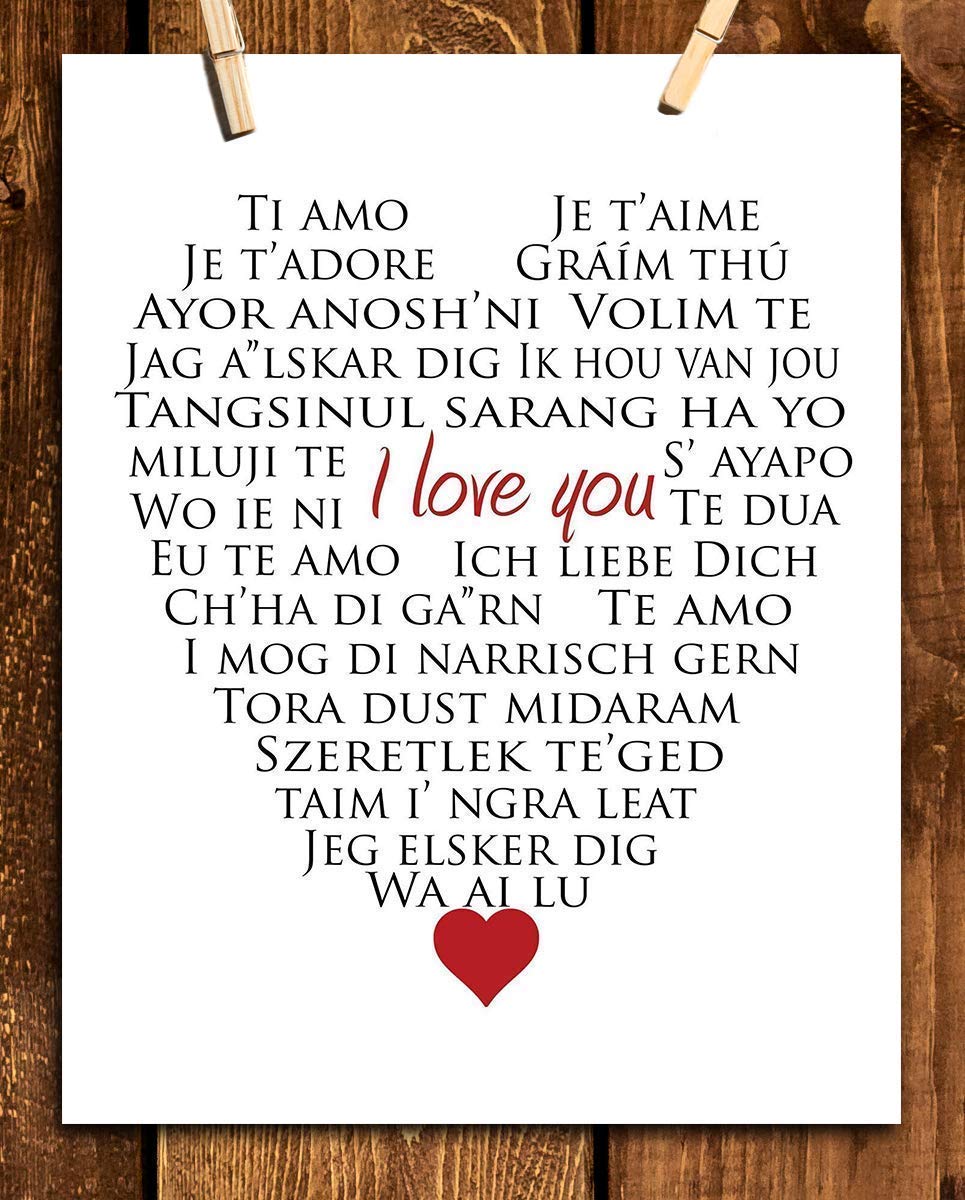 I Love You In Many Languages- Heart Word Art- 8 x10" Wall Art Print- Ready To Frame. Perfect Spouse-Partner Gift. Home Decor- Office Decor. Give a Lasting Gift &amp; Constant Reminder of Your Love.