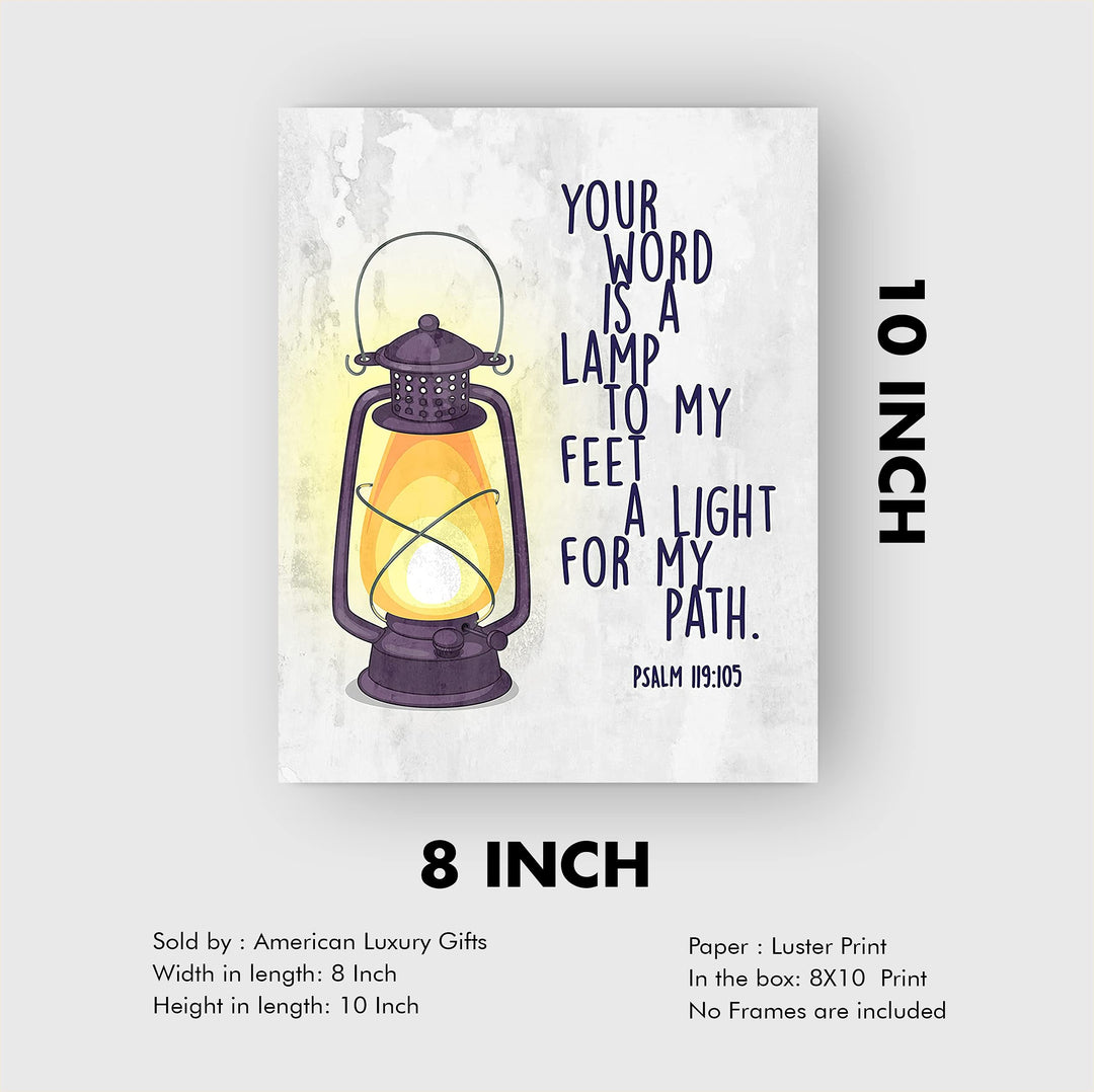 Your Word Is a Light for My Path- Psalm 119:105 -Bible Verse Wall Art -8 x 10" Christian Scripture Wall Print w/Lamp Image-Ready to Frame. Home-Office-Church-School Decor. Great Religious Gift!