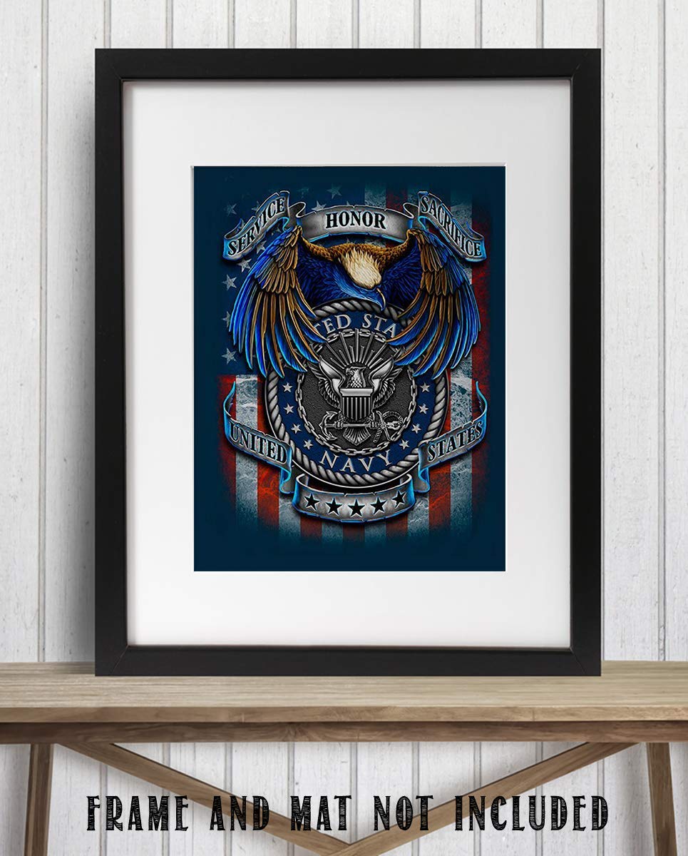 U.S. Navy Creed-SSS Poster Print- 8 x 10"- Naval Wall Art Prints-Ready To Frame-"Service-Honor-Sacrifice" Beliefs with Eagle &amp; Flag. Home-Office-Military Decor. Great Gift for Your Sailors!