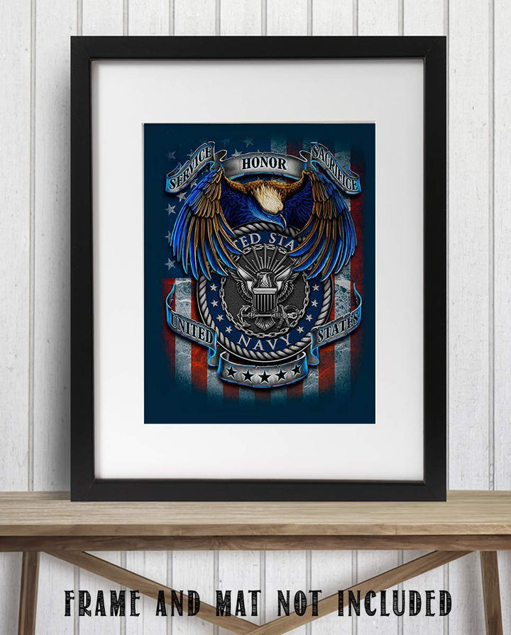 U.S. Navy Creed-SSS Poster Print- 8 x 10"- Naval Wall Art Prints-Ready To Frame-"Service-Honor-Sacrifice" Beliefs with Eagle &amp; Flag. Home-Office-Military Decor. Great Gift for Your Sailors!