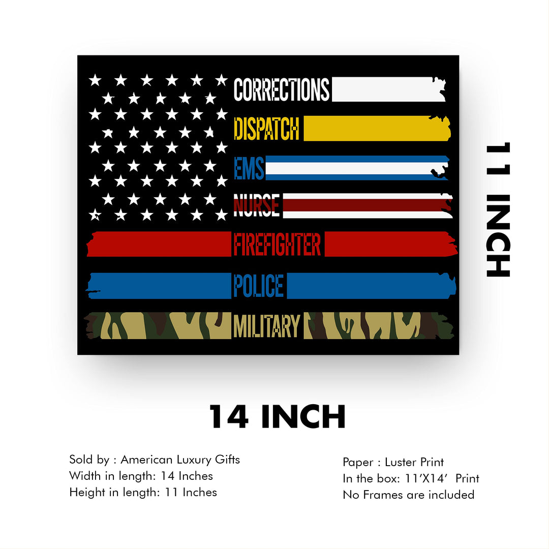 Military &amp; First Responders-Real American Heroes Patriotic Wall Art -14 x 11" Rustic American Flag Poster Print-Ready to Frame. Home-Office-Bar-Cave-School Decor. Show Your Respect! Great Gift!