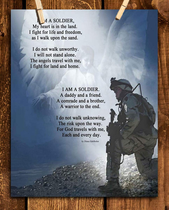 I Am a Soldier- Prayer Wall Art Print-8 x 10"-Ready to Frame. Soldier Kneeling w/Angels Protection. Home- Office D?cor- Christian Gifts. Inspiring &amp; Encouraging Quotes for All Military &amp; Family.