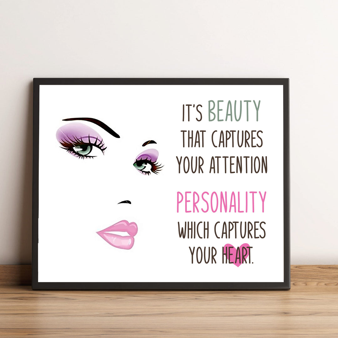 Beauty Captures Your Attention- Inspirational Quotes Wall Art -10 x 8" Makeup Face Silhouette Print -Ready to Frame. Home-Girls Bedroom-Studio-Salon Decor. Inspire Confidence in Teens &amp; Women!