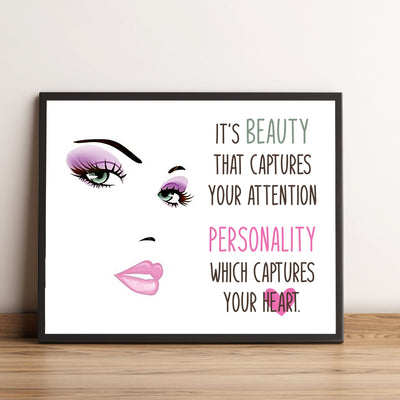 Beauty Captures Your Attention- Inspirational Quotes Wall Art -10 x 8" Makeup Face Silhouette Print -Ready to Frame. Home-Girls Bedroom-Studio-Salon Decor. Inspire Confidence in Teens & Women!
