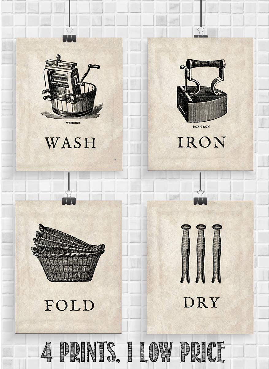 Laundry Room Decoration- 4 Vintage Drawing Wall Prints- 8 x10's Wall Decor- Ready To Frame. Wash-Dry-Iron-Fold- Home Decor. Laundry Decor to Symbolize the Home Duties!