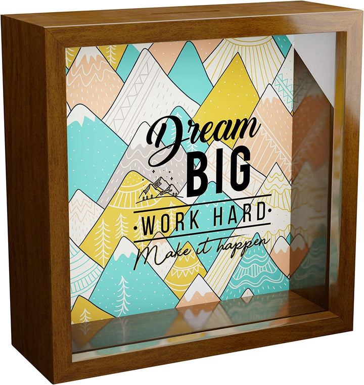 Dream Big Work Hard Motivational Gift Shadow Box Wall Decor -6x6x2" Wooden Themed Display Case - Keepsake Piggy Bank Gift for Home, Office, Bedroom Decor -Fun &amp; Unique Gift for Friends &amp; Family!