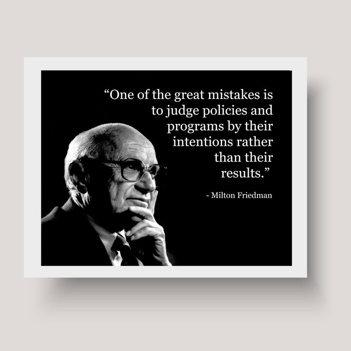 Milton Friedman Quotes-"Mistake to Judge Policies By Their Intention" -10 x 8" Political Wall Art Print -Ready to Frame. Home-Office-School-Library Decor. Great Gift for American History Fans!