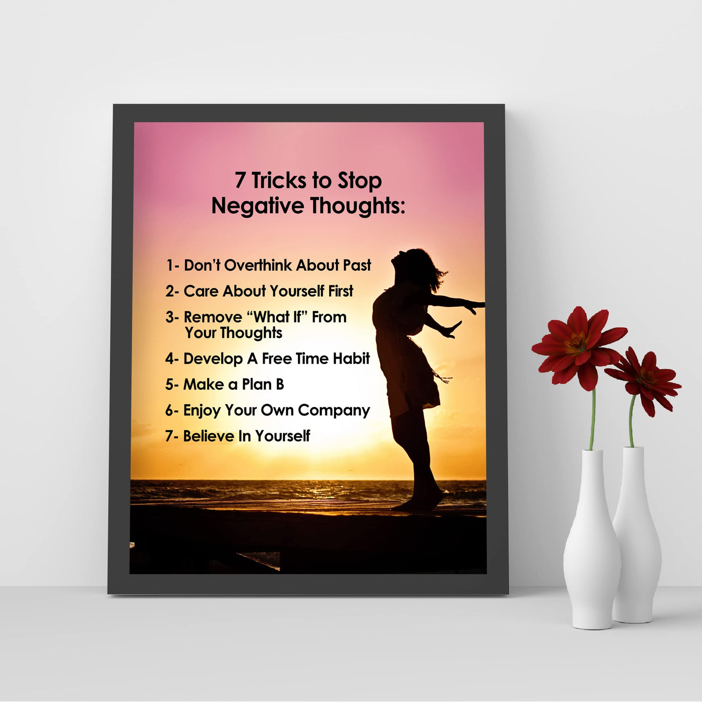 7 Tricks to Stop Negative Thoughts Motivational Quotes Wall Art -8x10" Beach Sunset Picture Print -Ready to Frame. Inspirational Home-Office-School-Teens Decor. Positive Gift for Motivation!