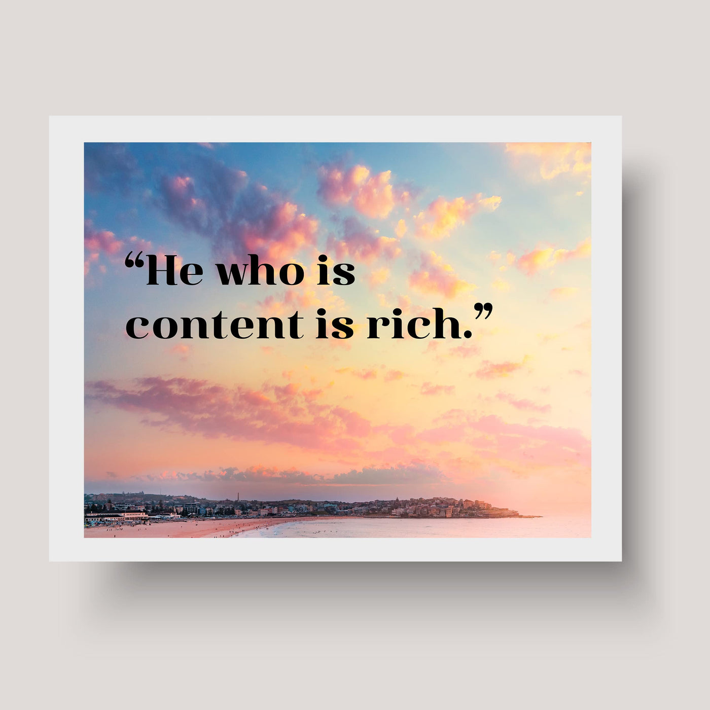 He Who Is Content Is Rich- Inspirational Quotes Wall Art -10 x 8"- Beach Sunset Picture Print -Ready to Frame. Spiritual Decor for Home-Office-School-Ocean Themes. Great Reminder to Be Grateful!
