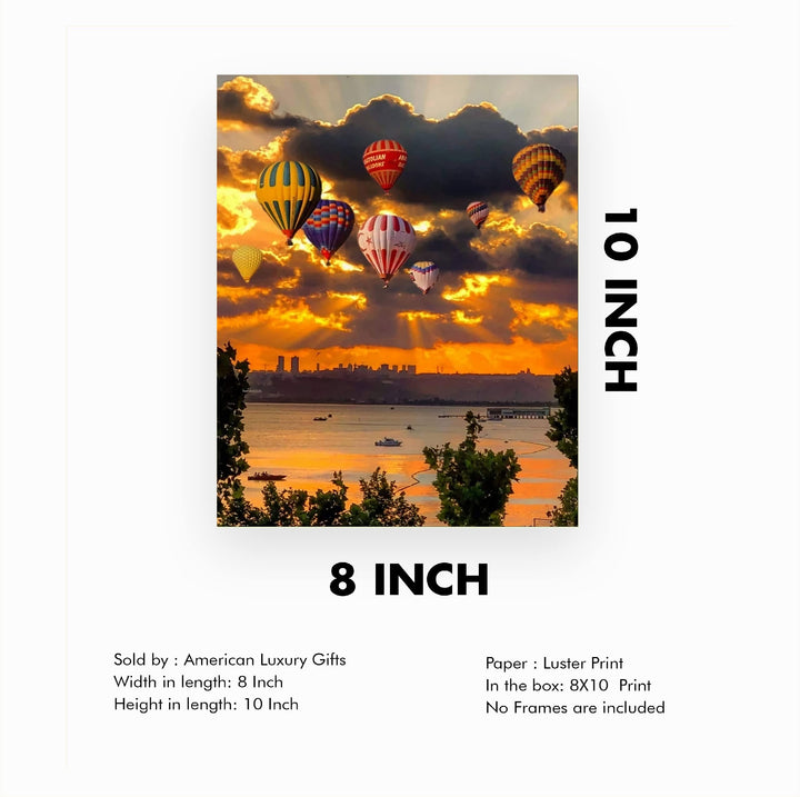 Hot Air Balloons Over the Ocean- 8 x 10" Picture Print Wall Art -Ready to Frame. Cloudy Sunrise with Balloons Over the Sea. Perfect Decor for Home-Office-Classroom. Great Gift for Flight Enthusiasts!