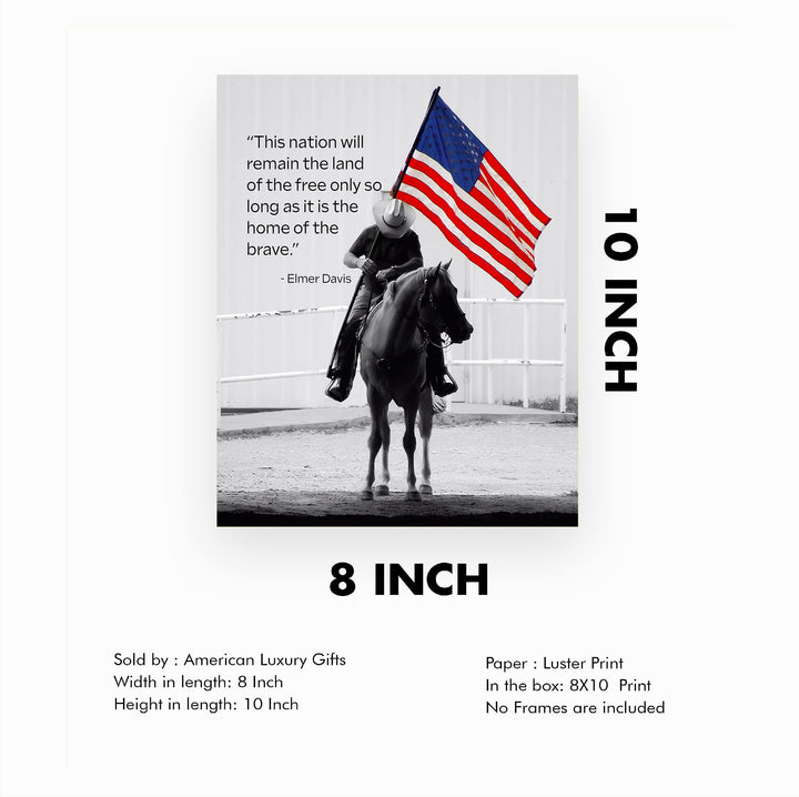 This Nation Will Remain Land of the Free- American Flag Wall Art -8x10" Patriotic Cowboy Riding Horse Picture Print -Ready to Frame. Home-Office-Bar-Cave-Western Decor! Great Gift for USA Pride!
