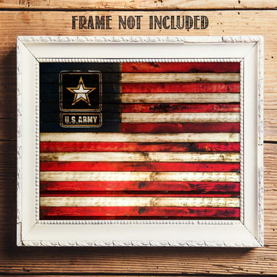 US Army Logo on USA Flag- Rustic Poster Print- 10 x 8"- Wall Art Prints- Ready To Frame- Distressed Flag Sign Replica Print. Home-Office-Military Decor. Display Your Pride & Honor and Be Army Strong.