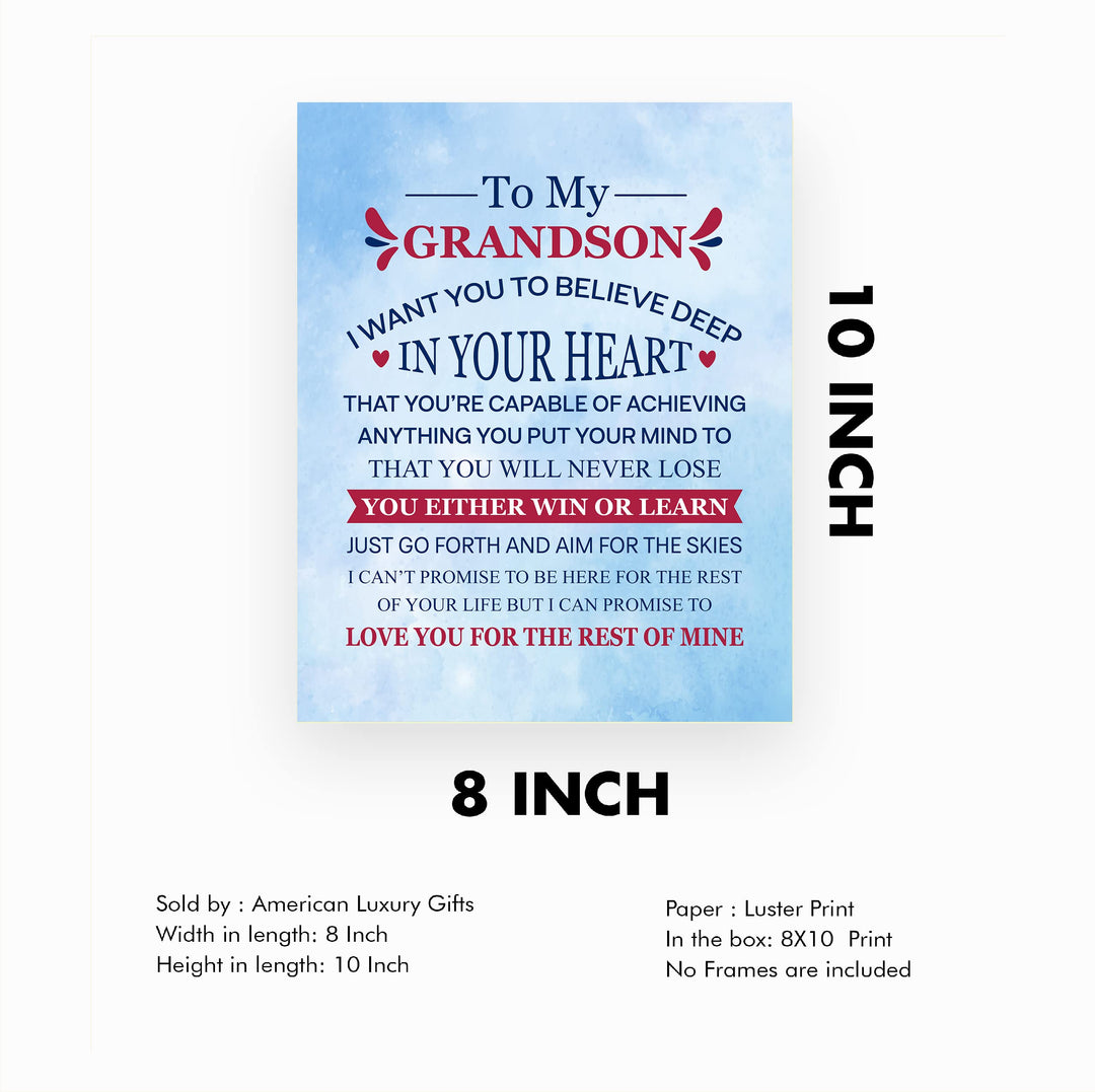 "To My Grandson - Win or Learn" Inspirational Love &amp; Family Wall Decor -8 x 10" Rustic Typographic Art Print -Ready to Frame. Home-Living Room-Office Decoration. Perfect Gift for Grandsons!