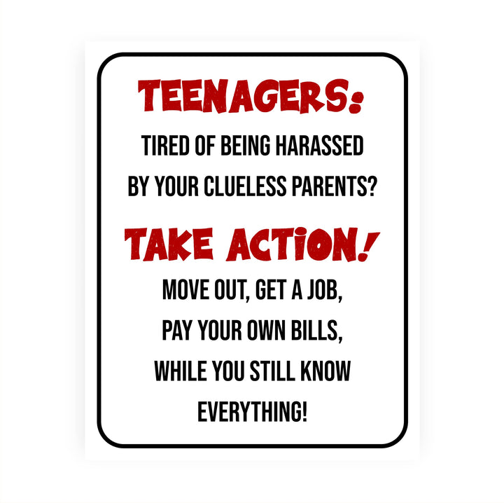 "Teenagers-Take Action, Get a Job" Funny Family Wall Sign -Sarcastic Art Print -Ready to Frame. Humorous Decoration for Home-Kids Bedroom-Teen Decor. Fun Gift -Accessories for Parents!