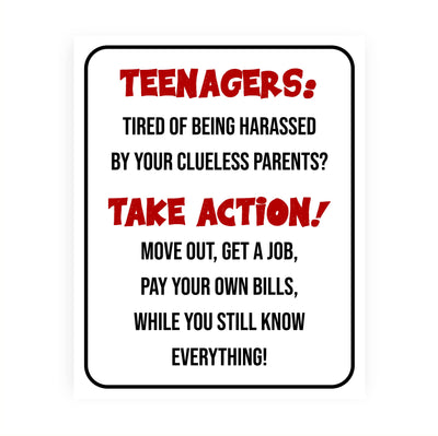 "Teenagers-Take Action, Get a Job" Funny Family Wall Sign -Sarcastic Art Print -Ready to Frame. Humorous Decoration for Home-Kids Bedroom-Teen Decor. Fun Gift -Accessories for Parents!