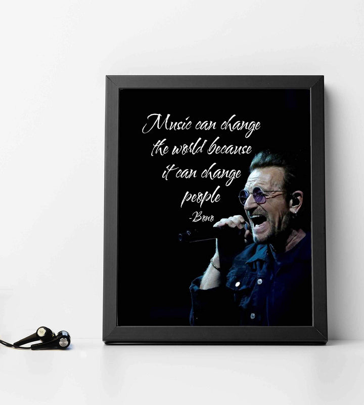 Bono-"Music Can Change the World-People"-Inspirational Quotes Wall Art-8 x 10" Retro Typographic Silhouette Print-Ready to Frame. Home-Office-Studio-Bar-Cave Decor. Perfect for U2 &amp; All Rock Fans!
