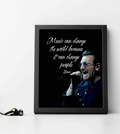 Bono-"Music Can Change the World-People"-Inspirational Quotes Wall Art-8 x 10" Retro Typographic Silhouette Print-Ready to Frame. Home-Office-Studio-Bar-Cave Decor. Perfect for U2 & All Rock Fans!